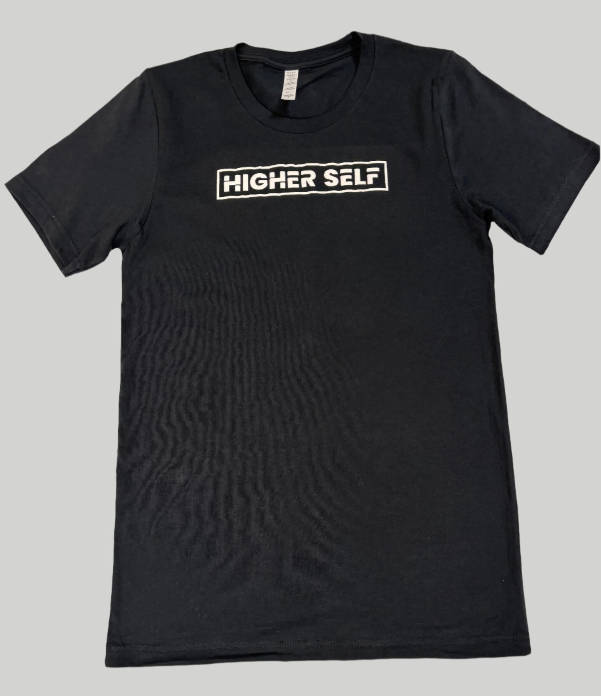 Black unisex t-shirt with screen-printed HIGHERself design by Soul Seed Apparel, 100% combed ring-spun cotton, tear-away label, shoulder-to-shoulder taping.