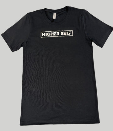 Black unisex t-shirt with screen-printed HIGHERself design by Soul Seed Apparel, 100% combed ring-spun cotton, tear-away label, shoulder-to-shoulder taping.