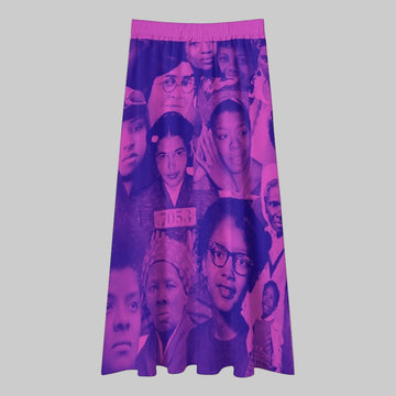 Product photo of Black Herstory midi skirt with purple portrait collage print and elastic waistband