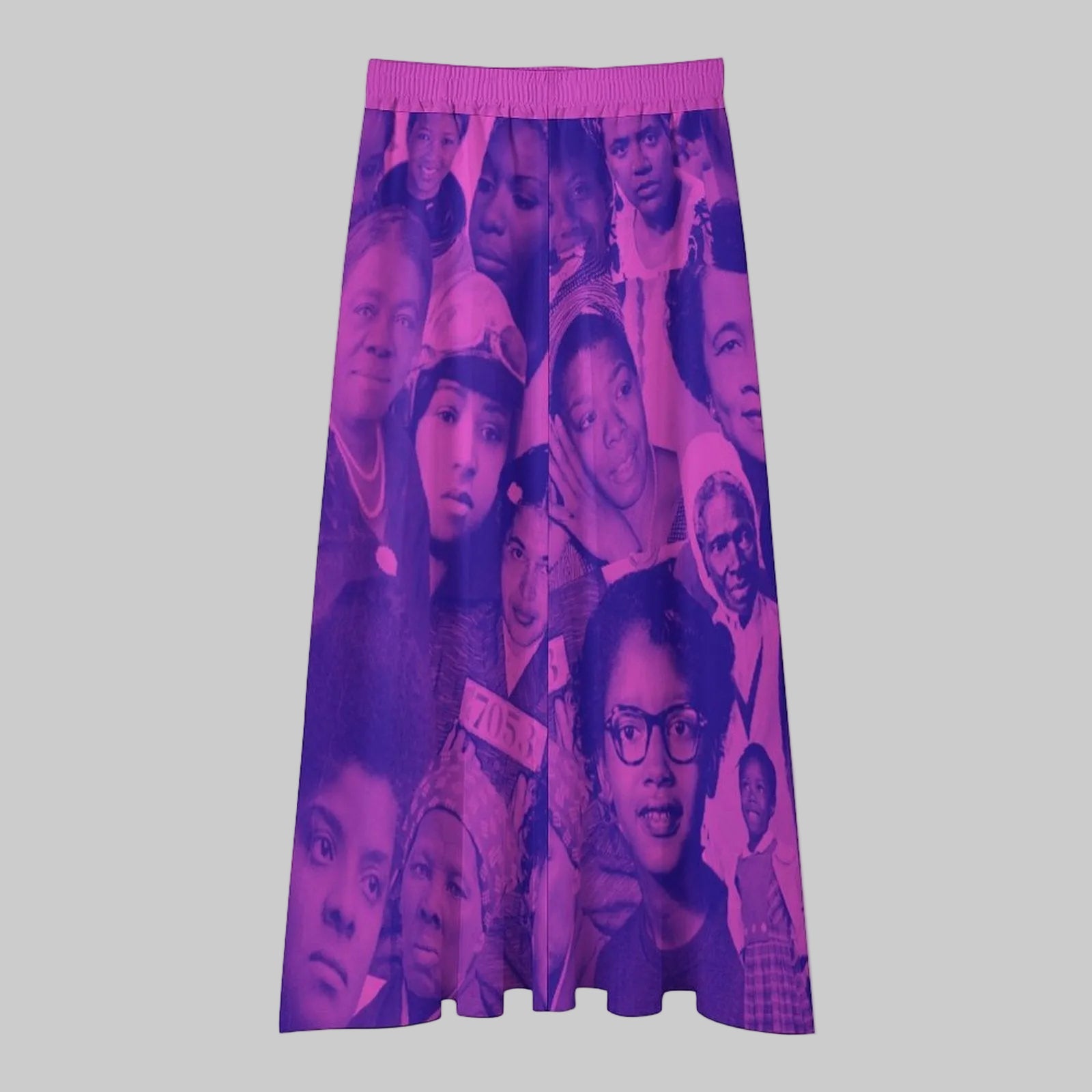 Product photo of Black Herstory midi skirt with purple portrait collage print and elastic waistband
If you want, I can also format these as a simple copy/paste table for Shopify bulk upload.