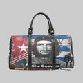 Front view of Che Guevara graphic travel duffel bag with bold portrait print and black handles