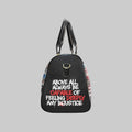 Side view of Che Guevara weekender duffel bag showing graphic print and sturdy carry handles