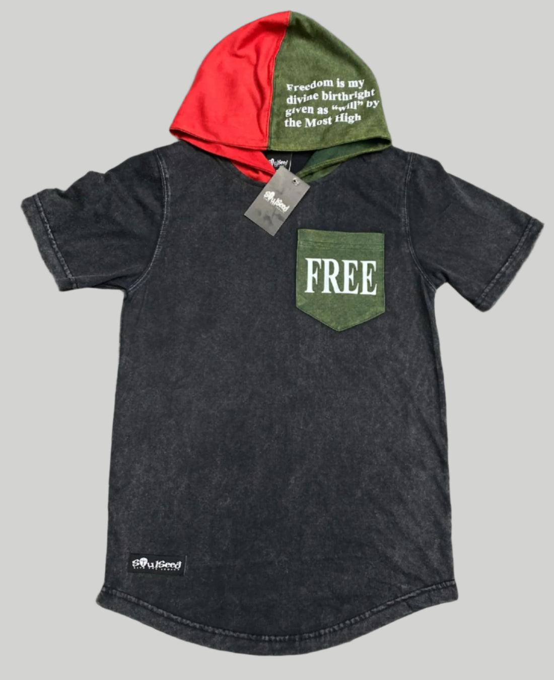 Black hooded t-shirt with red black green Pan-African hood and FREE chest pocket - African American spiritual heritage apparel by SoulSeed
