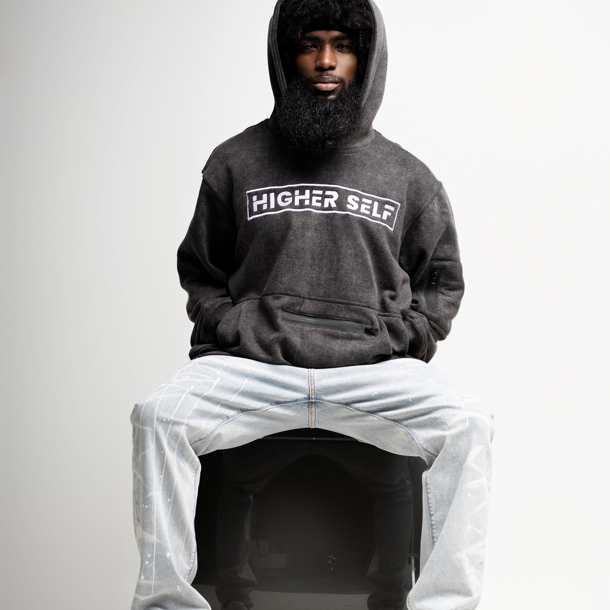 Black acid-washed Higher Self hoodie with oversized fit and embroidered logo – limited edition spiritual streetwear by SoulSeed