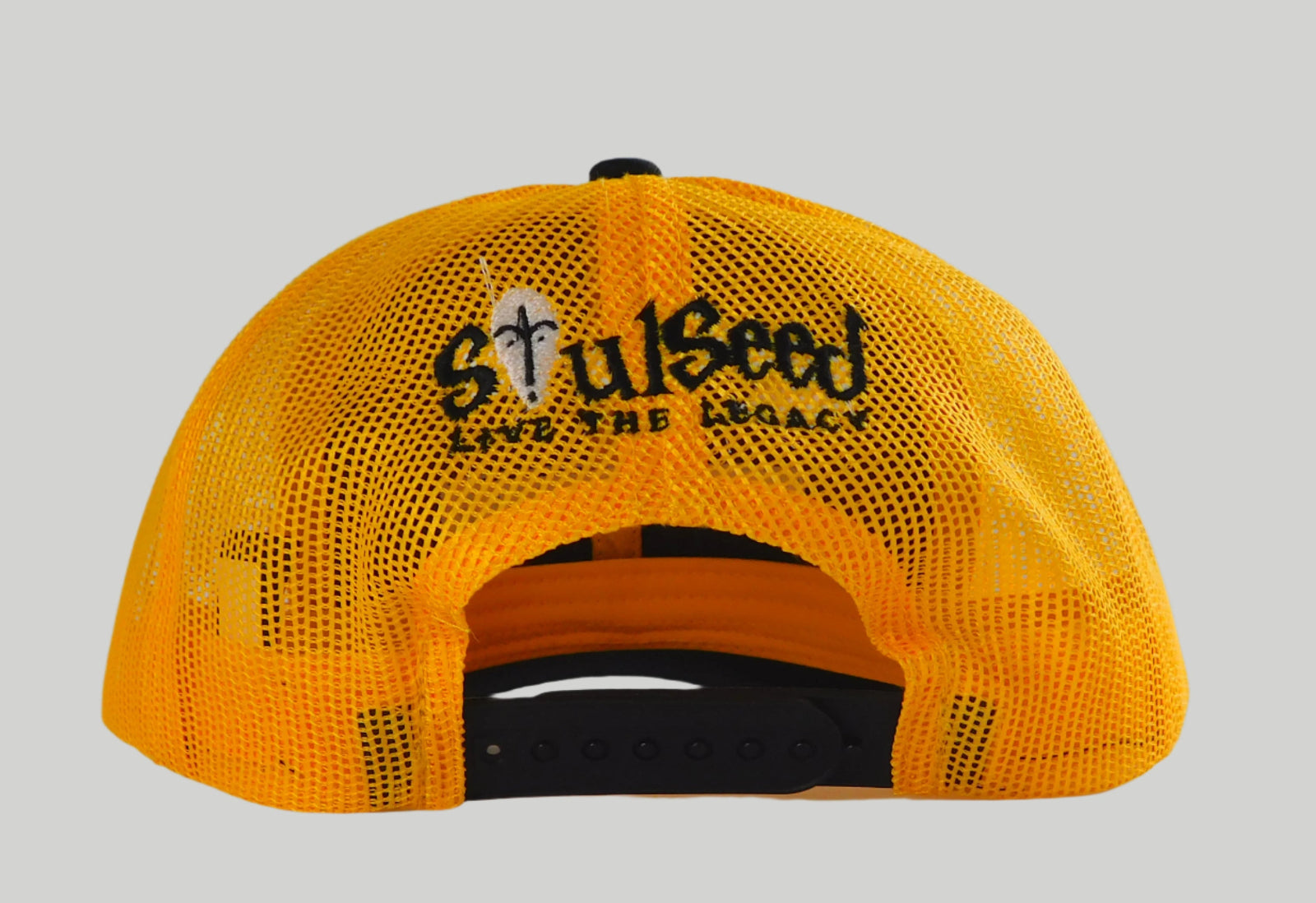 Higher Self yellow and black trucker hat, back