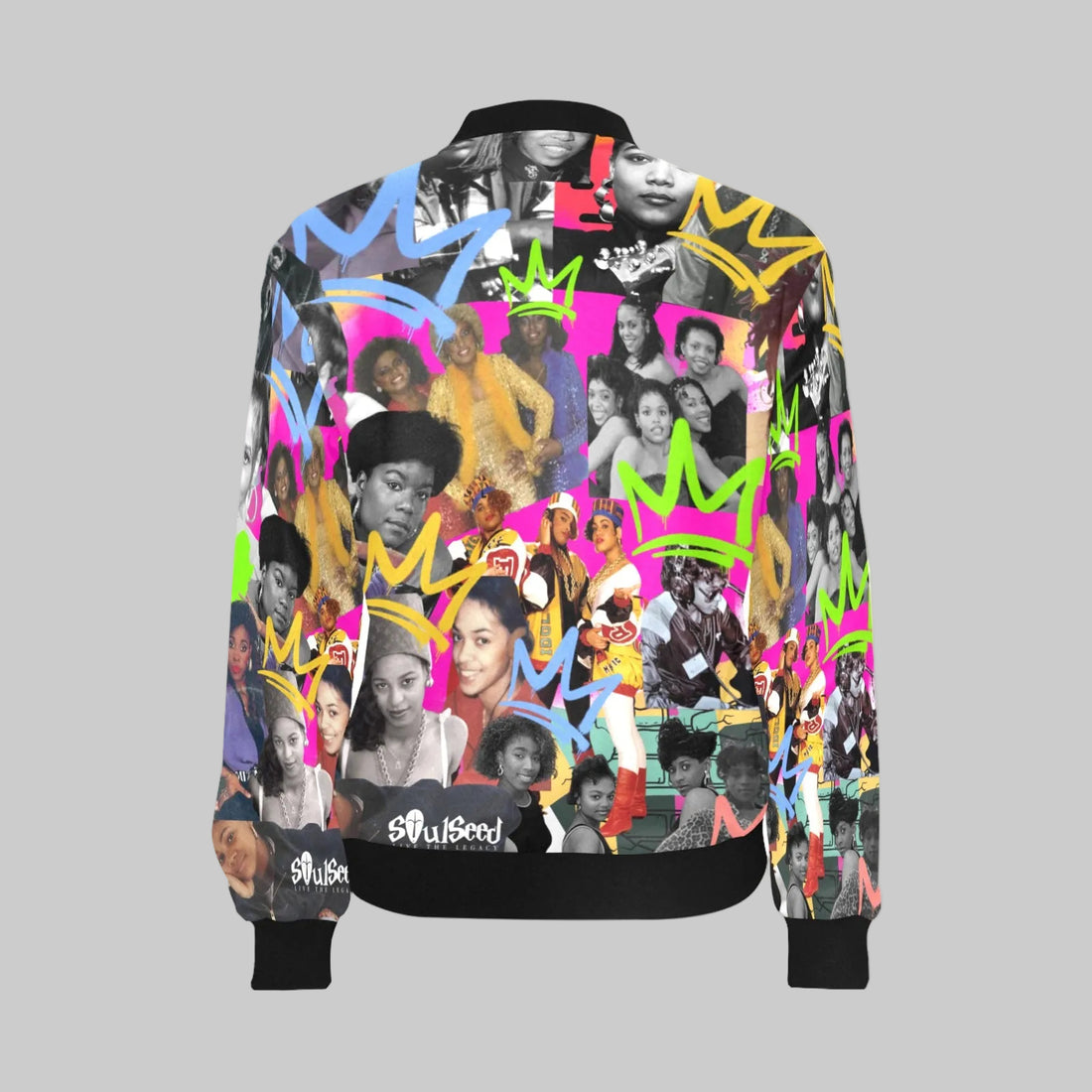 Front view of Ladies of Hip Hop all-over print bomber jacket with zip front, ribbed stand-up collar, and pouch pockets