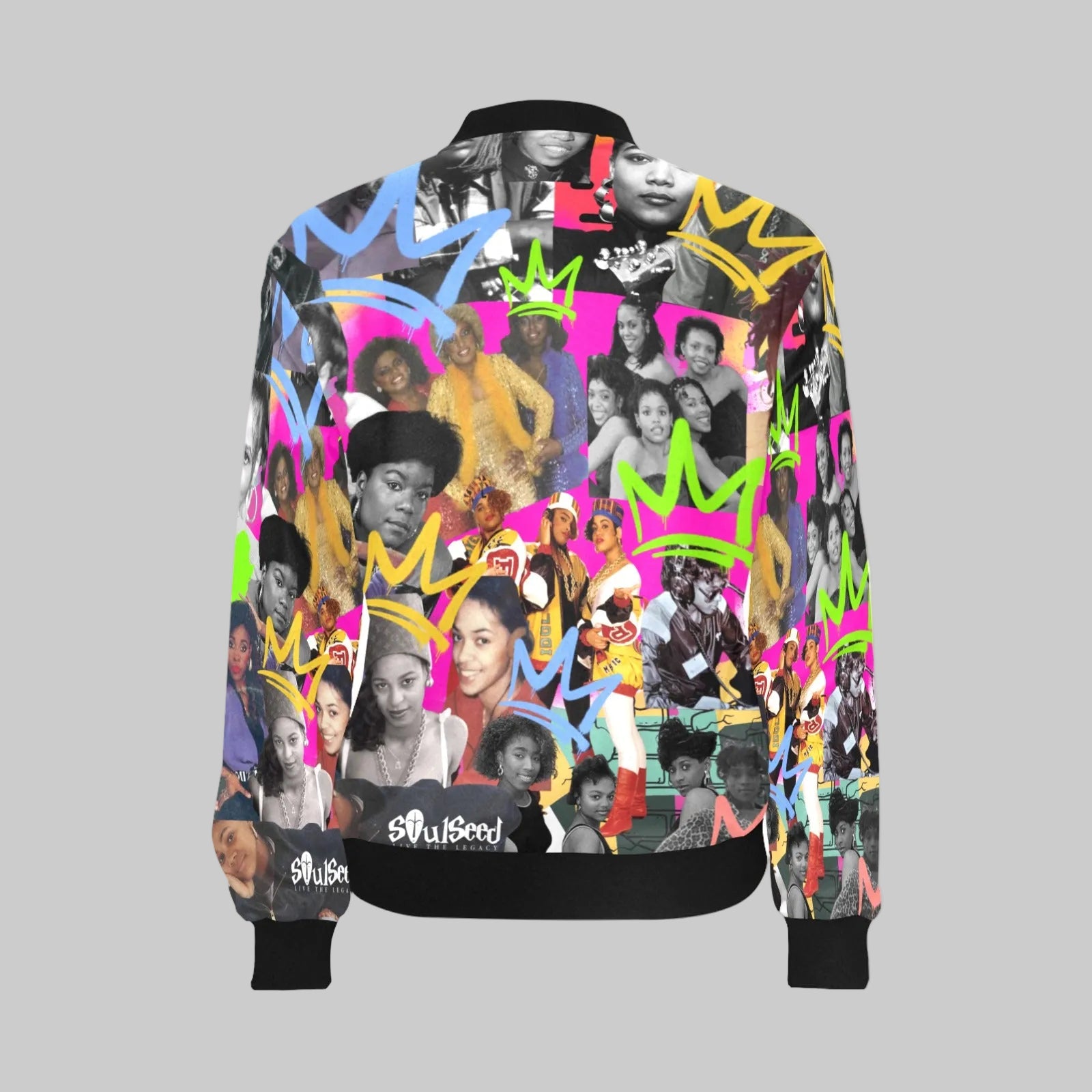 Back view of Ladies of Hip Hop all-over print bomber jacket with ribbed collar, elastic cuffs, and elasticized hem