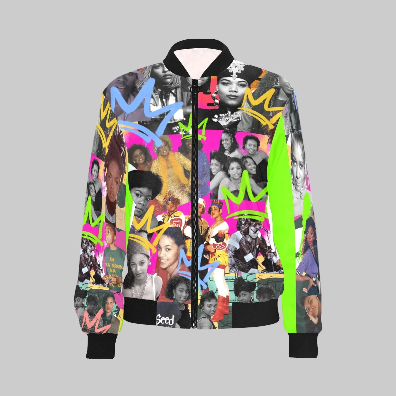 Front view of Ladies of Hip Hop all-over print bomber jacket with zip front, ribbed stand-up collar, and pouch pockets
