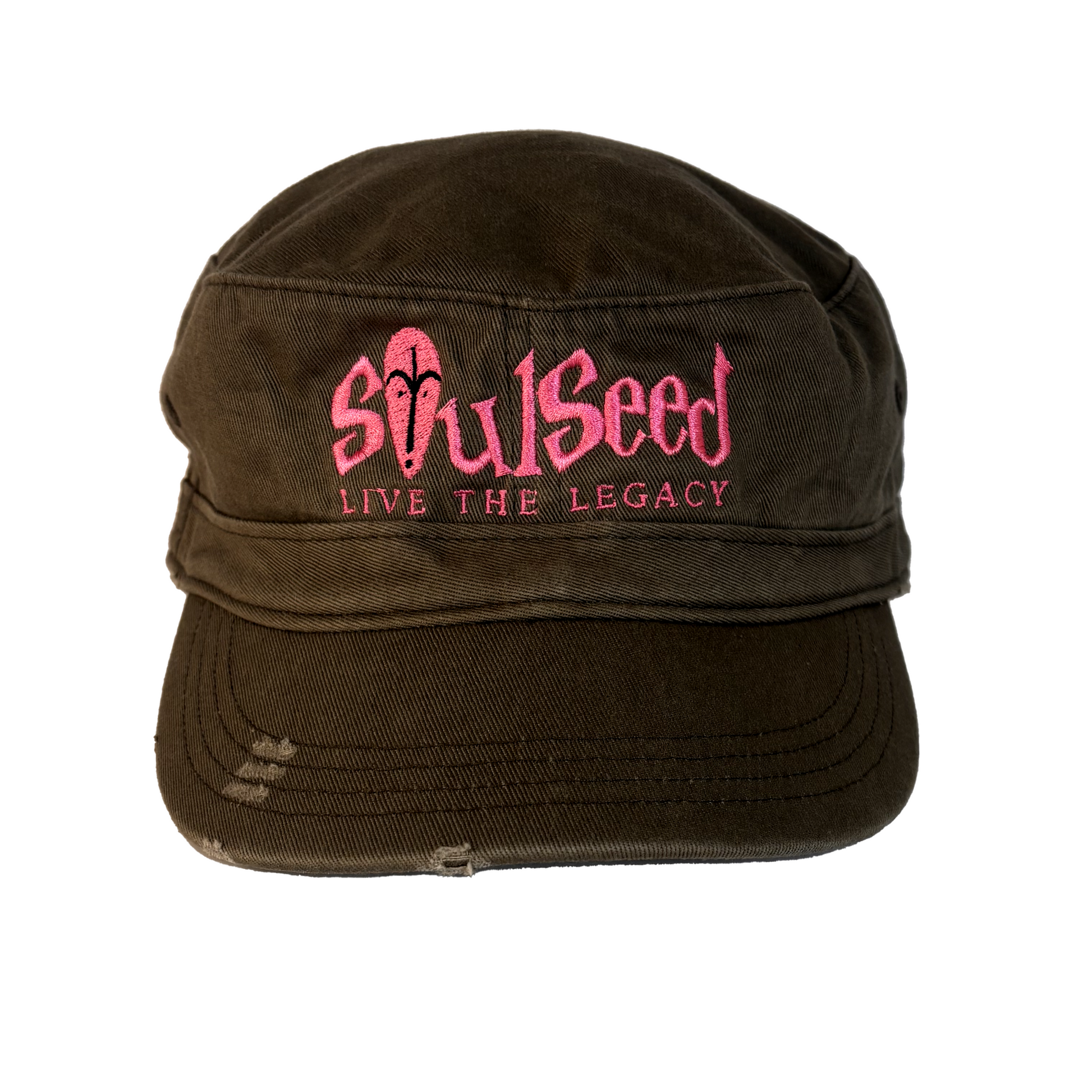 100% cotton distressed military hat with Live the Legacy embroidery - SoulSeed branded cultural pride accessory