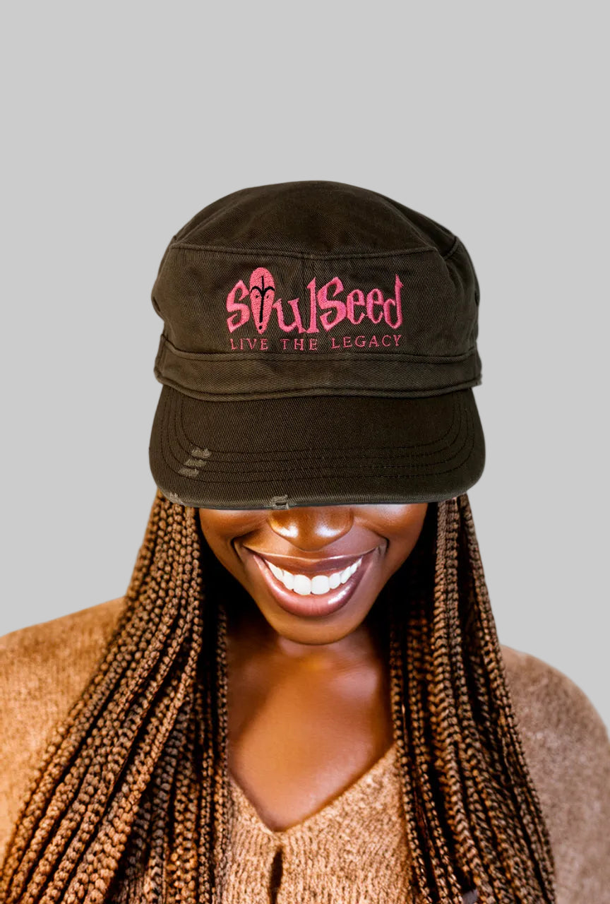 SoulSeed Live the Legacy distressed military hat with embroidered logo - Olive and Pink