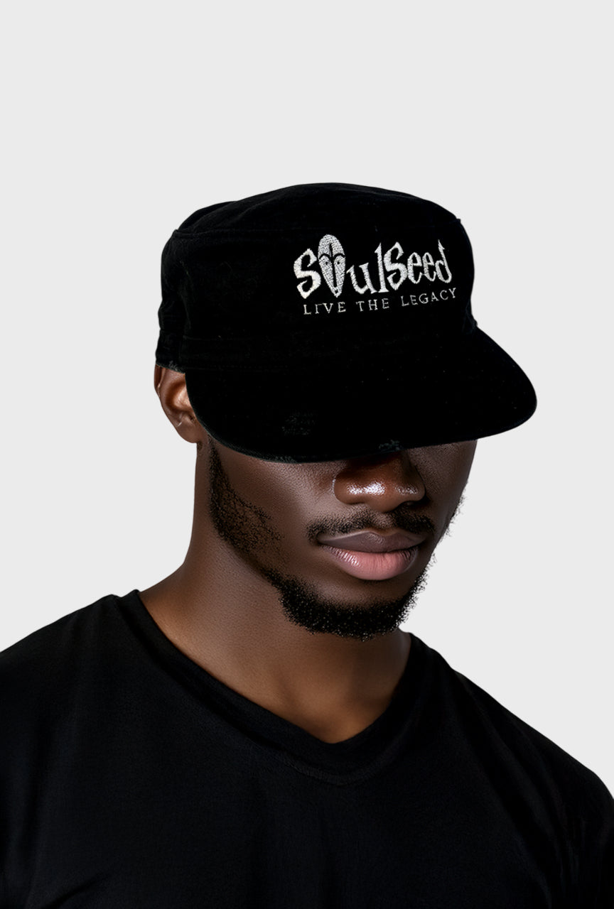 SoulSeed Live the Legacy distressed military hat with embroidered logo - vintage Black pride cap by SoulSeed Apparel