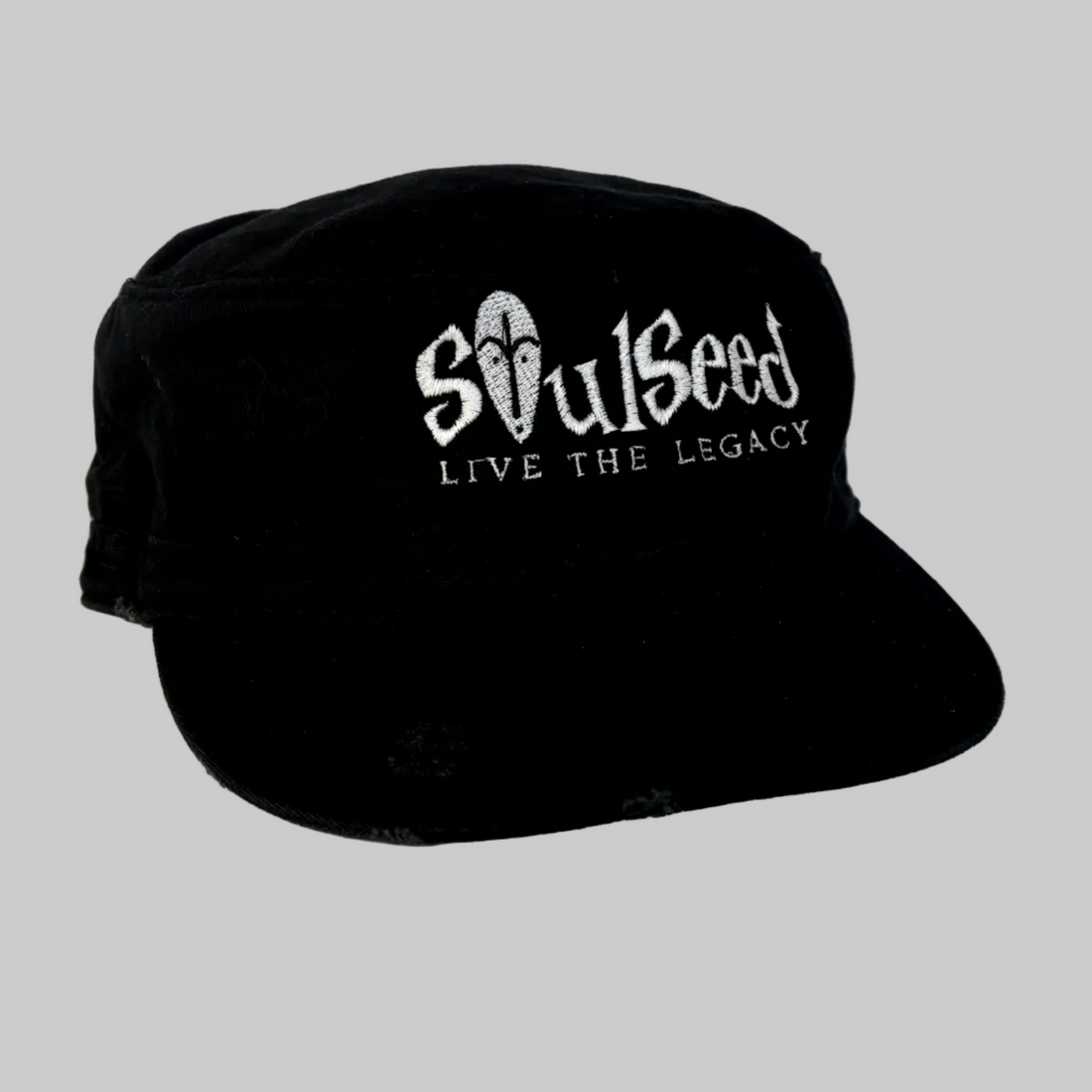 Branded Distressed Military Style Hat. Black