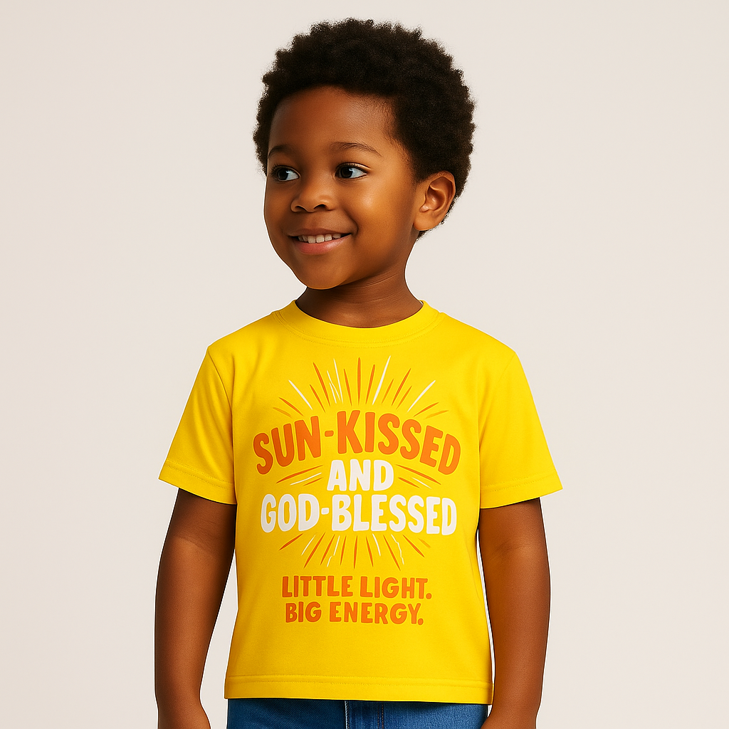 Sun-kissed God-blessed kids t-shirt with vibrant sun design - Black children empowerment apparel by SoulSeed