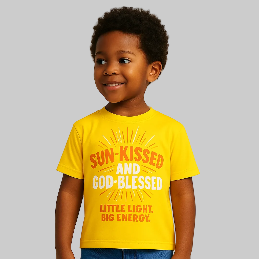 Sun-kissed God-blessed kids t-shirt, AI model